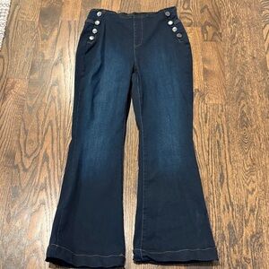 INC International Concepts Navy Flare Jeans Side Buttons Pull On Stretch SZ 10